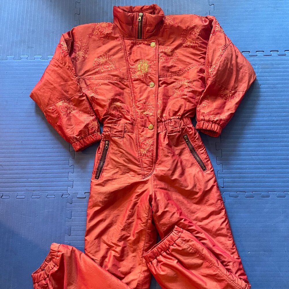 Vintage 70s/80s Ski Suit Snow Suit Women's Small/Medium Red with Gold Accents